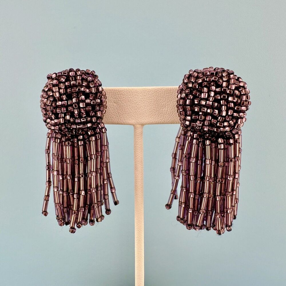 Vintage Purple Seed Bead Tassel Earrings Iridescent Clip On Dangle Hand Sewn - Picture 4 of 11